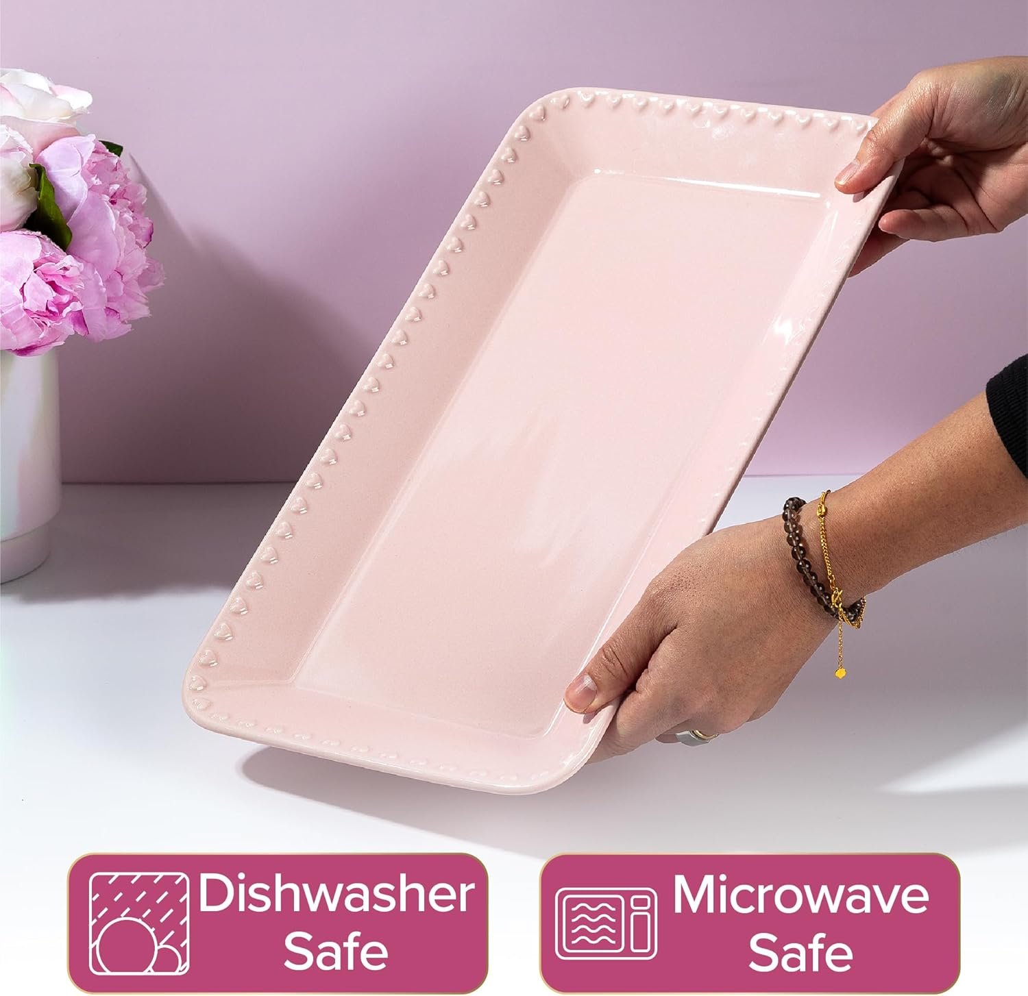 Paris Hilton Rectangle Ceramic Stoneware Serving Platter Tray, Embossed Hearts, Microwave Safe, 15x8-Inch, Pink - Image 4