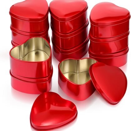 Moxweyeni 12 Pieces Valentine‘s Day Heart Shaped Metal Tins Box with Lids Valentine‘s Day Candy Boxes Cookie Biscuits Jar Empty Tin Box for Candies Treasures Cookies Kitchen Wedding Parties(Red)