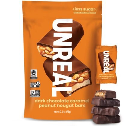 UNREAL Dark Chocolate Caramel Peanut Nougat Bars (1 Bag), 70% Organic Ingredients, Fair Trade, Non-GMO, No Corn Syrup, Sugar Alcohols, Soy, 3.4oz
