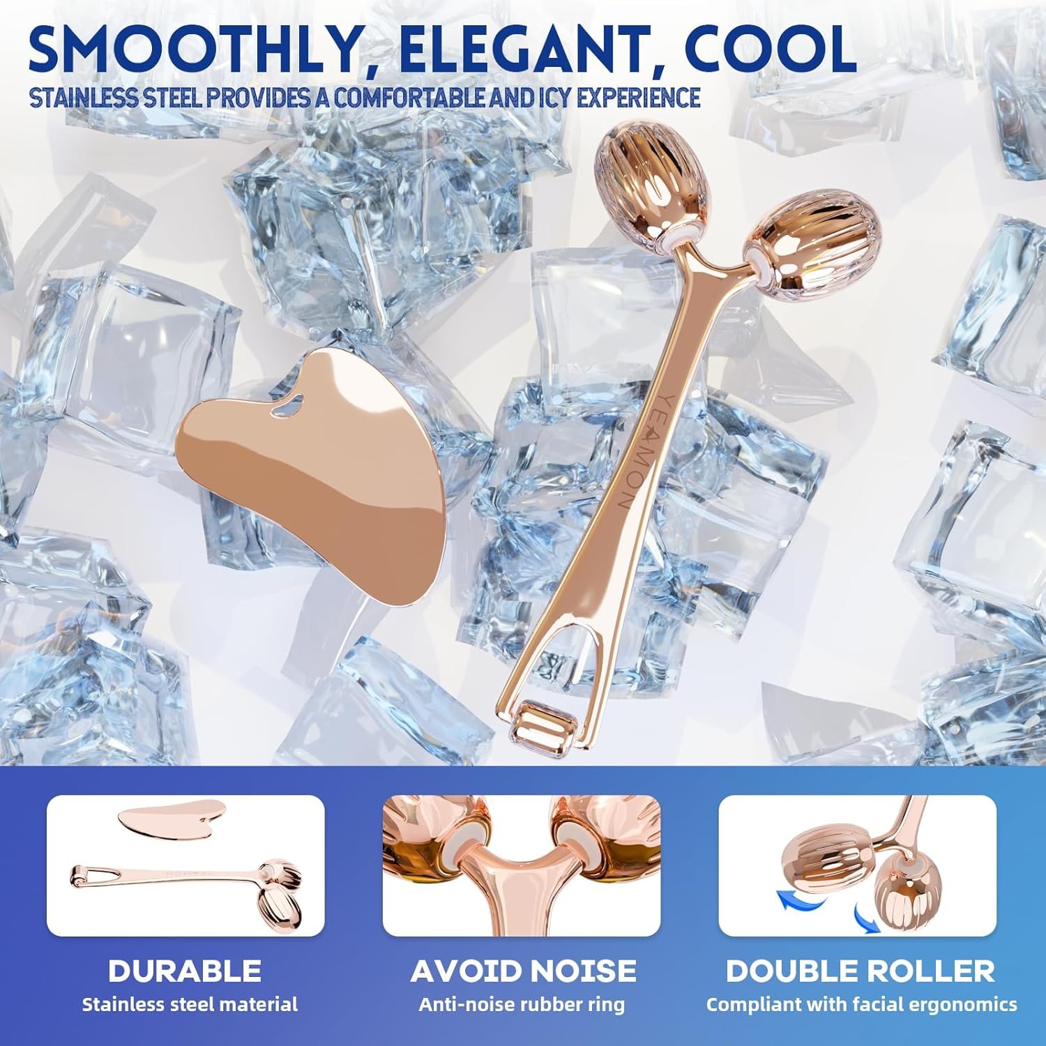Yeamon Gua Sha Facial Tools and Face Roller Set, Facial Massage Tool for Women’s Skincare Routine,Cooling Stainless Steel Face Sculpting Eyes Roller Guasha for Daily Use or Self-Care Gift for Women - Image 2