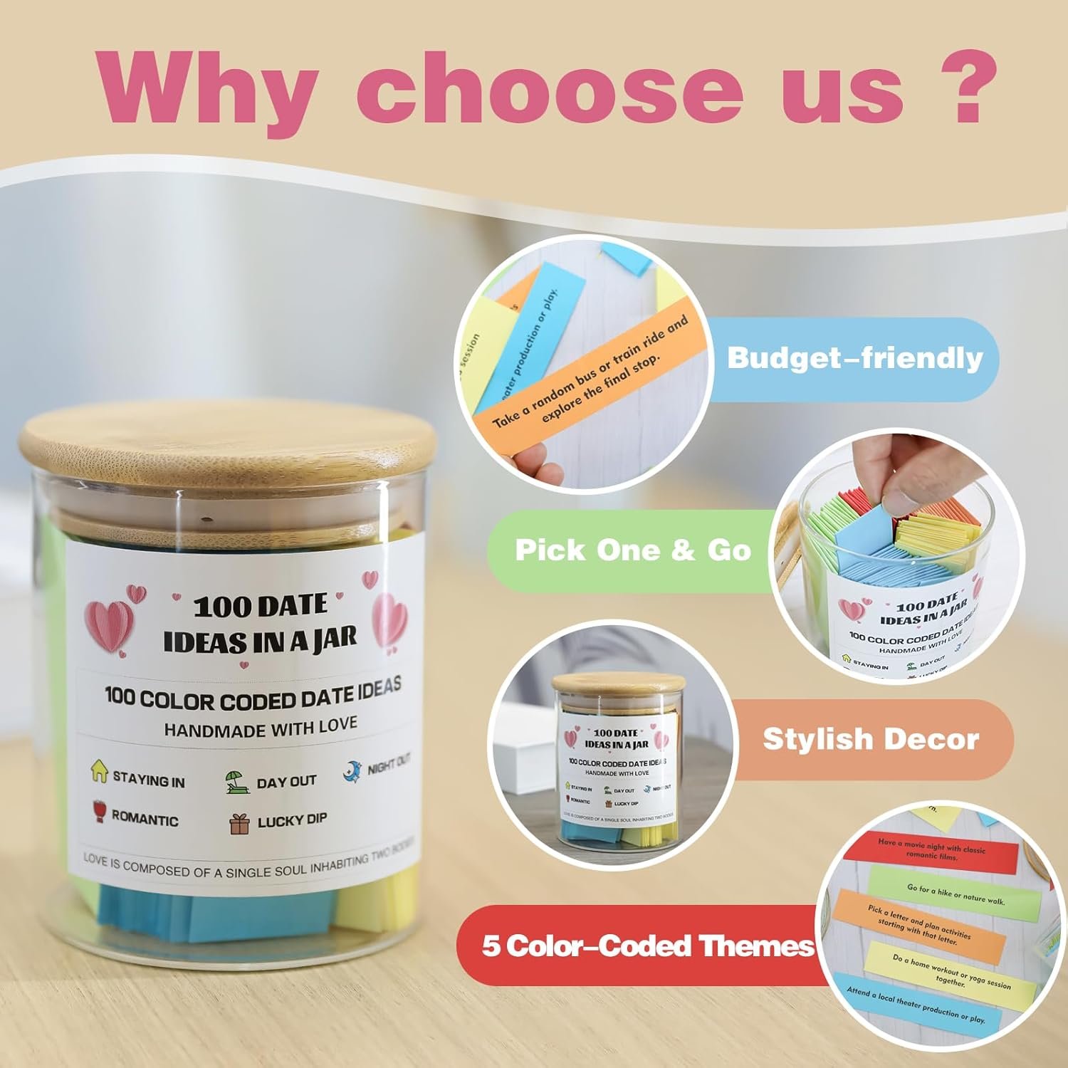 MSEHKM 100 Date Ideas In A Jar Date Night Ideas Color Coded Date Ideas Budget-friendly Date Jar Wedding/Anniversary/Bridal Shower/Newlyweds Gifts for Couples, pure - Image 3