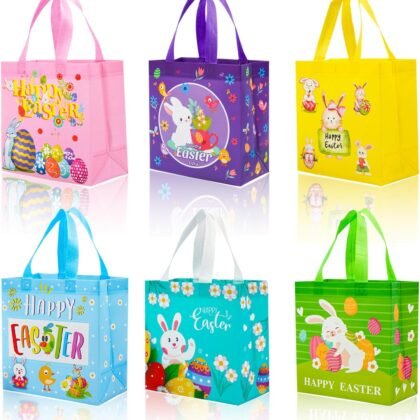 JWSCYSY 6Pcs Easter Non-woven Bags with Handle, Happy Easter Gift Bags for Kids, Treat Bags Rabbit Bunny, Reusable Easter Goodie Bags-Waterproof