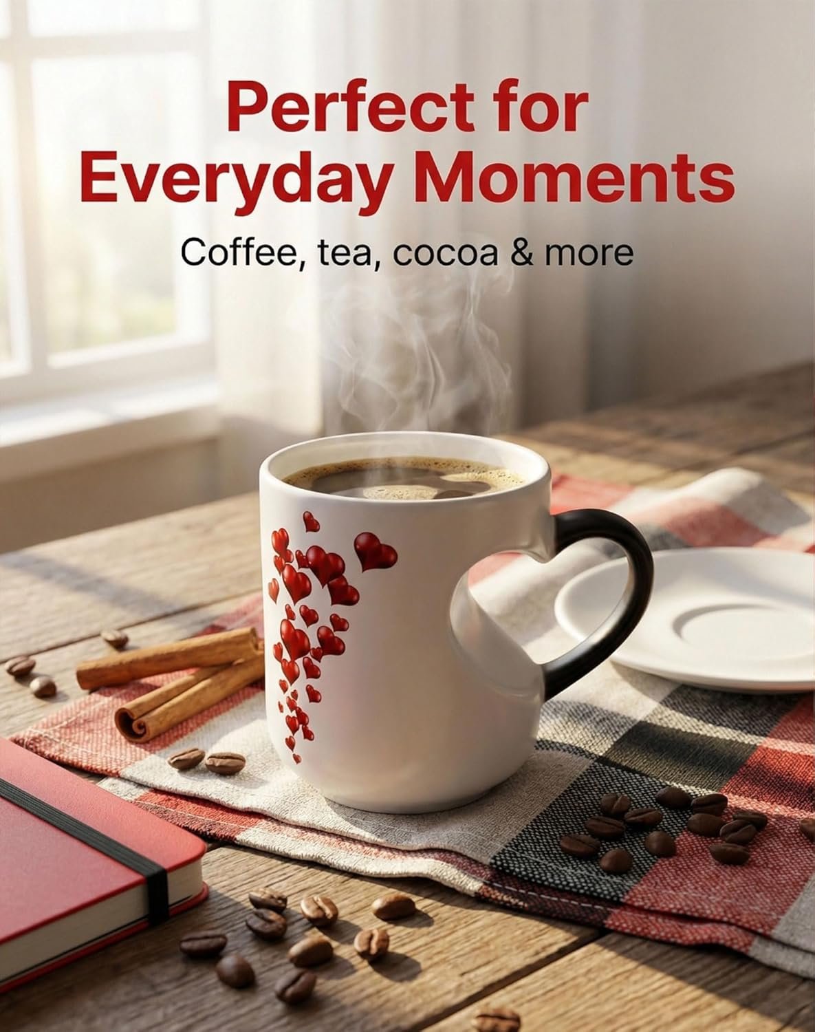 Heart-Shaped Color Changing Magic Ceramic Mug - 11oz Magic Heart Shape Changing Mugs with Dual-Side Heart Print, Romantic Heart Coffee Mug with Spoon, Romantic Surprise Gift (1PCS) - Image 6