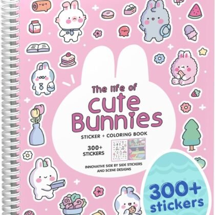 Life of Cute Bunnies 300+ Kids Sticker Book by Cupkin Toddler Airplane Travel Coloring and Sticker Book, Easter Basket Stuffer, 8 Coloring Pages 8 Side by Side Scenes for Children's of 2-8 Years