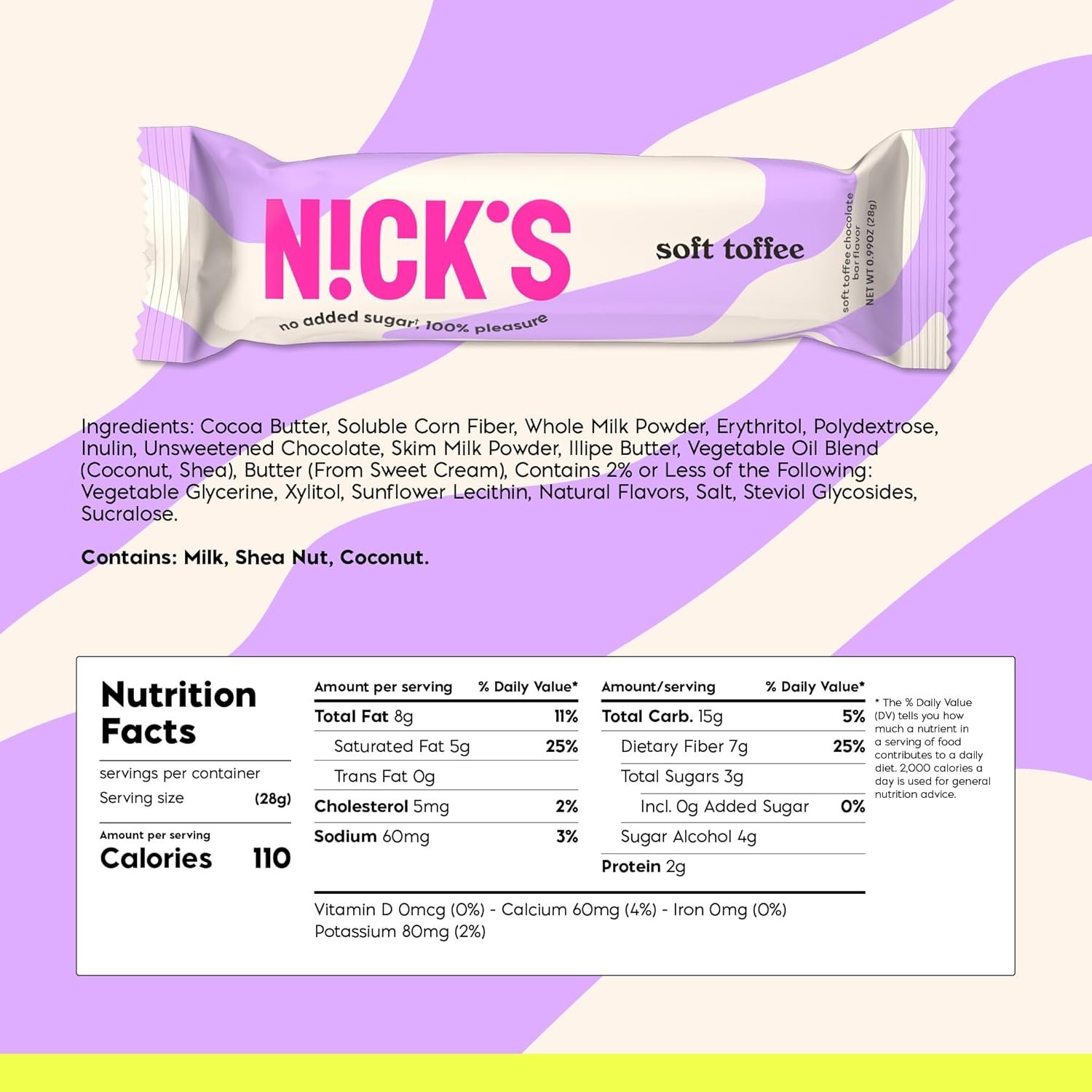 NICKS Soft Toffee Chocolate Candy Bar with Caramel Sauce Without Added Sugar,110 Calories, 3.5 Net Carbs, Gluten Free, Low Carb Candy – 15-Pack (28g Each) - Image 2