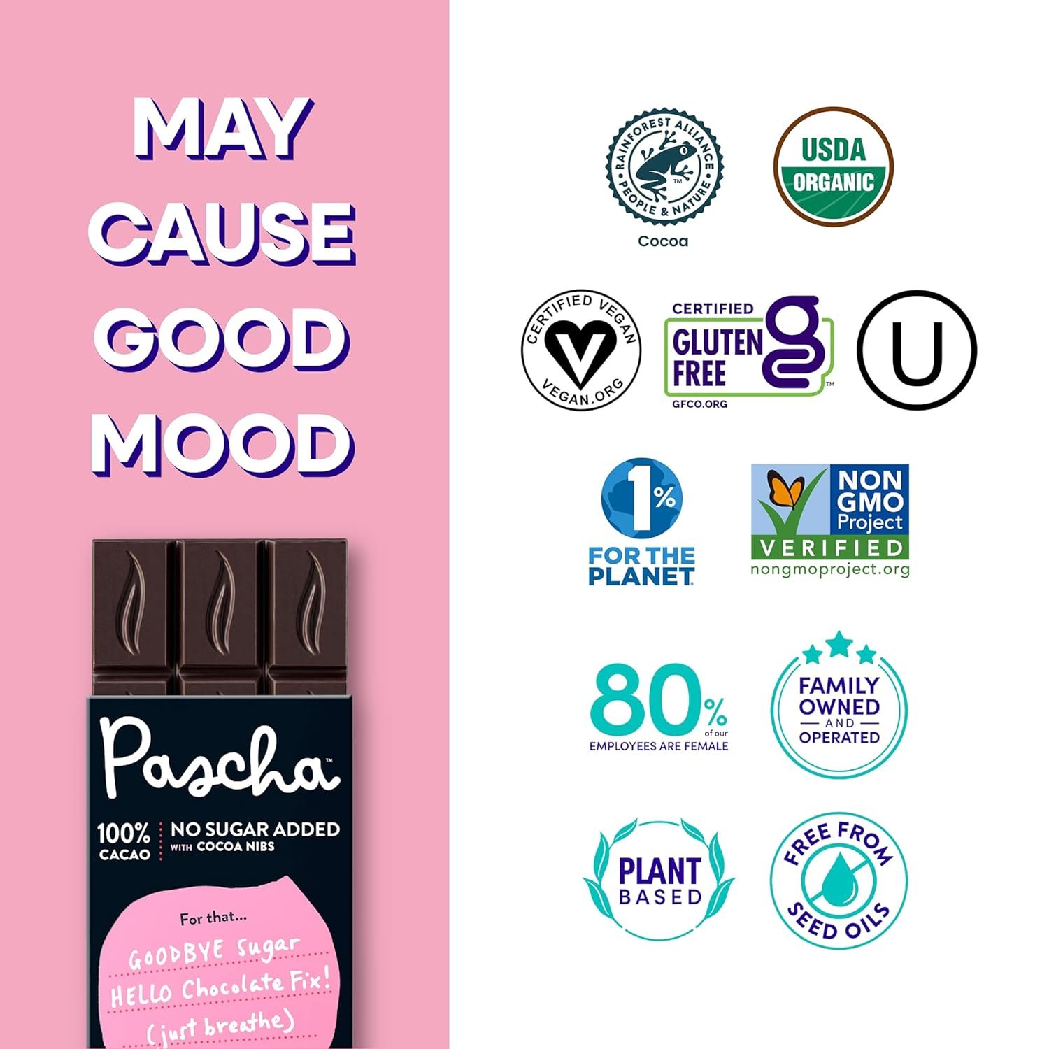 Pascha Organic No Added Sugar 100% Cacao With Cocoa Nibs Chocolate Bars, UTZ, Gluten Free, Non GMO, Pack of 5 - Image 7