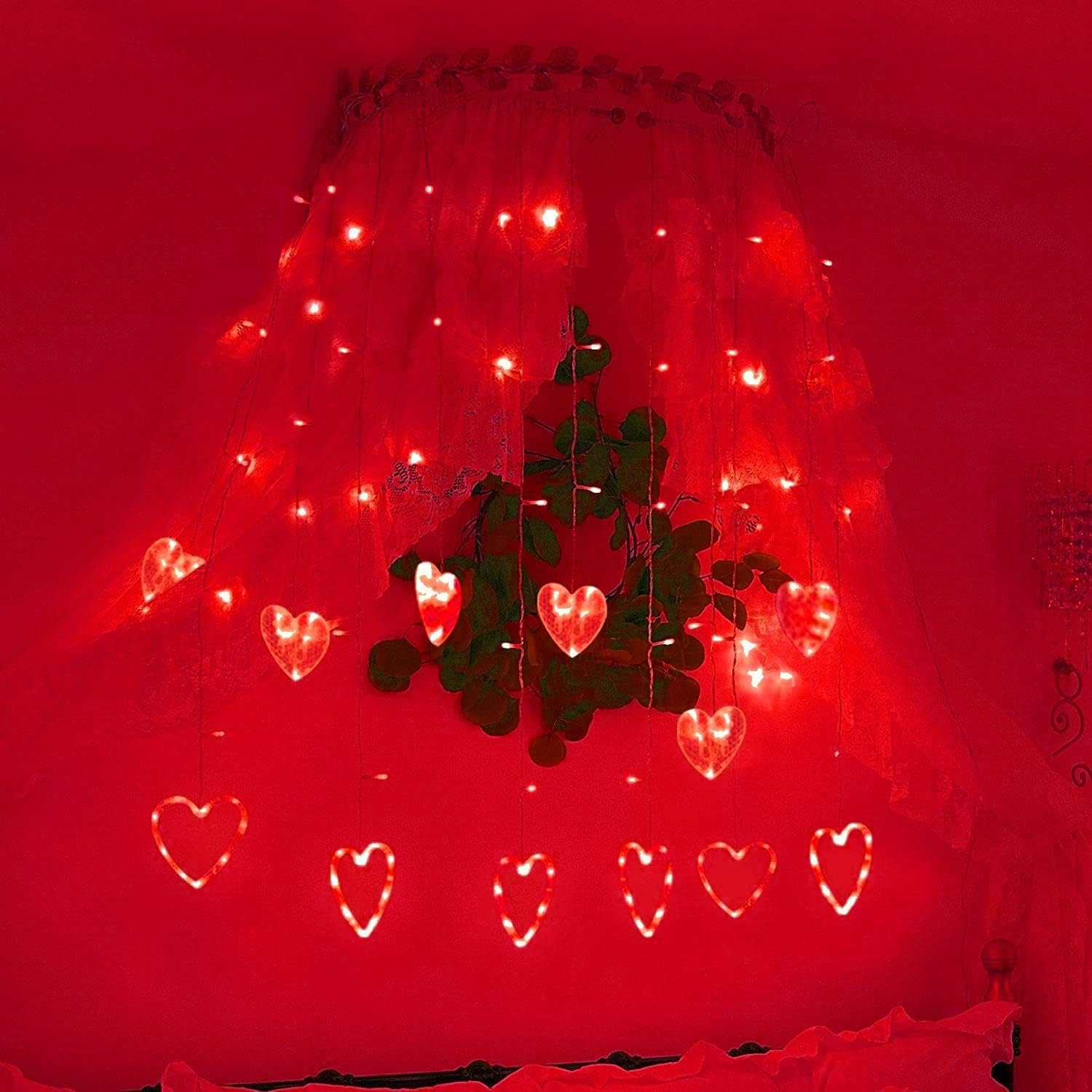 Valentines Day Decor Lights,138 LED 12-Heart-Shaped String Lights Waterproof,8 Modes Connetable 29V Plug in Curtain Lights for Kids Bedroom Wedding Party Valentines Day Decoration (Red) - Image 4