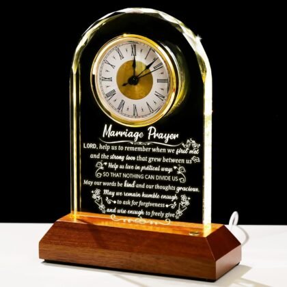 Glass Clock Wedding Gifts for Couples 2026 with Wooden Light Base, Happy Anniversary Marriage Prayer Gift with Inspiring Quotes, Unique Newlywed Mr and Mrs Gifts, Engagement Presents for Home