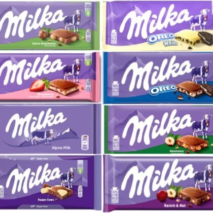 Milka European Chocolate Bars Variety Pack of 8 Full Size Bars, No Duplicate Chocolate