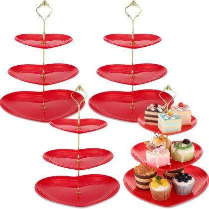 Layhit 4 Pack Valentine‘s Day 3 Tier Cupcake Stand Heart Shaped Serving Trays for Party Plastic Dessert Cupcake Stand for Tea Party Baby Shower Wedding(Red)