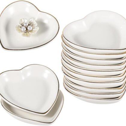 12 PCS Heart Shaped Trinket Dishes, Ceramic Jewelry Trays for Earrings Necklaces Bracelets, Engagement Wedding Ring Dish, Elegant Golden Edge
