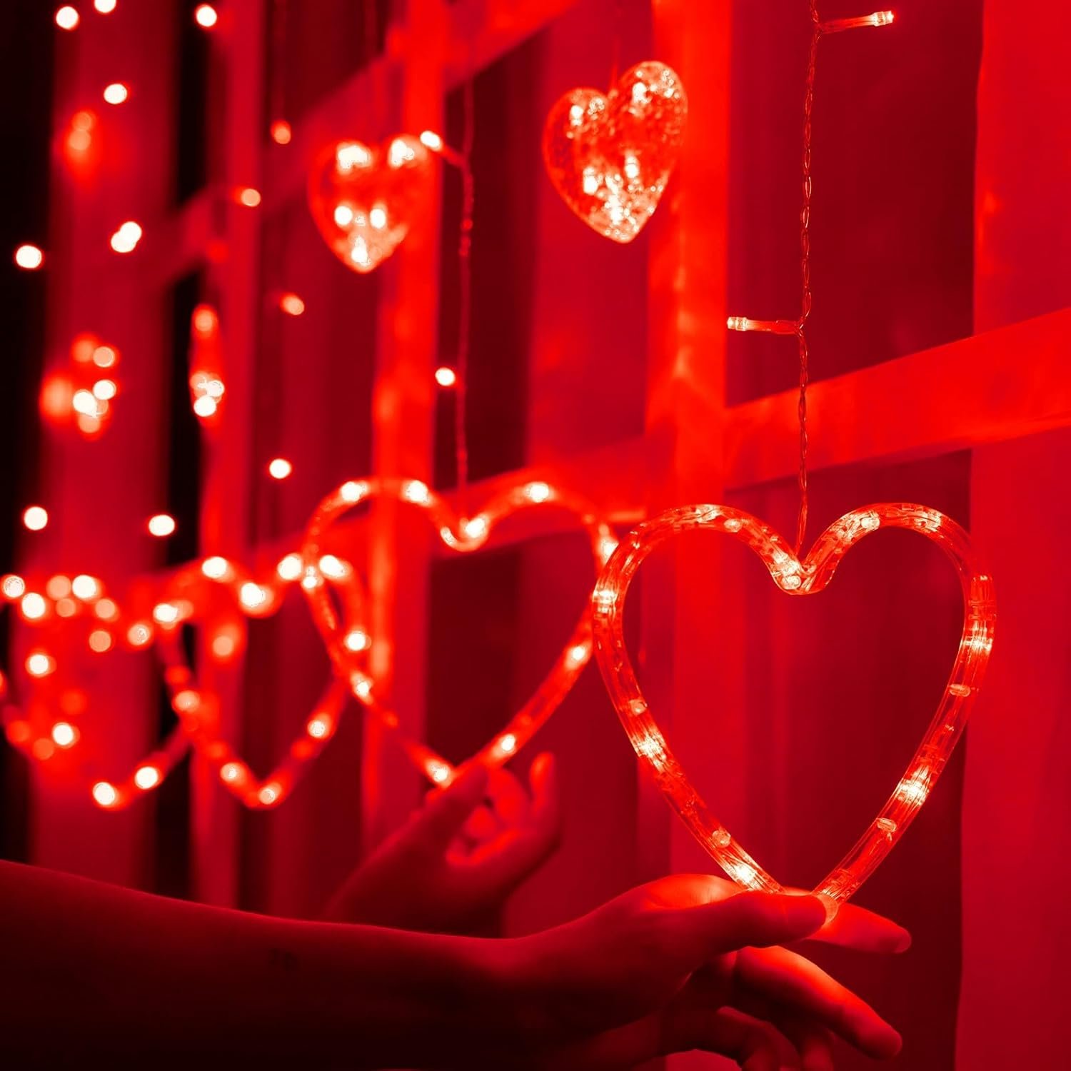 Valentines Day Decor Lights,138 LED 12-Heart-Shaped String Lights Waterproof,8 Modes Connetable 29V Plug in Curtain Lights for Kids Bedroom Wedding Party Valentines Day Decoration (Red)