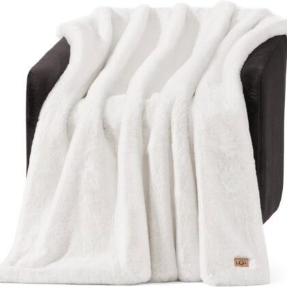 UGG Euphoria Faux Fur Throw Blanket, Warm Fluffy for Couch or Bed, Luxury Bedroom Decor, Blankets, Machine Washable, 50-inch x 70-inch, White Snow