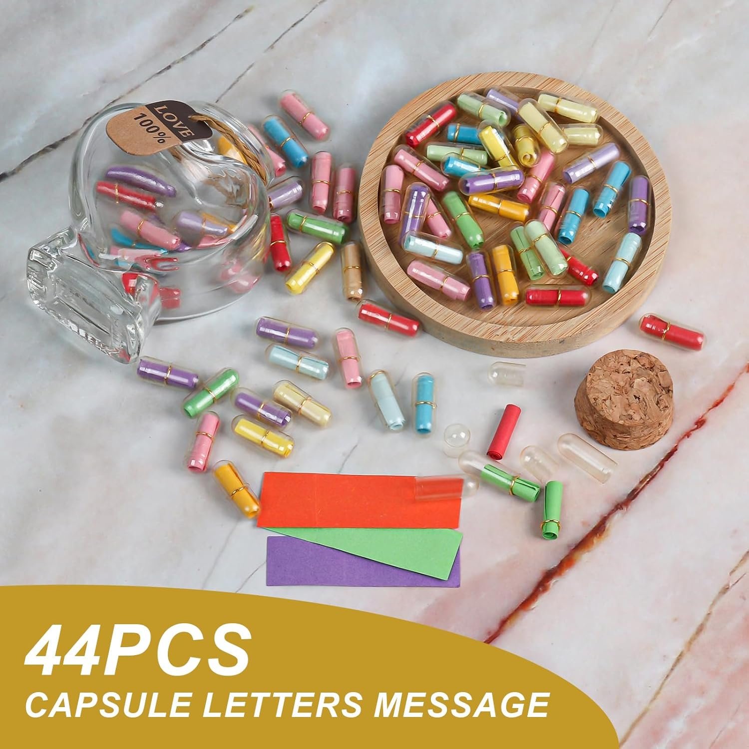 Capsule Letters Message in Glass Bottle,Message Pills Love Letter Gift for Boyfriend Girlfriend Wife Friend Birthday Christmas Anniversary Valentine Day Gift. (44PCS in a Bottle) - Image 2