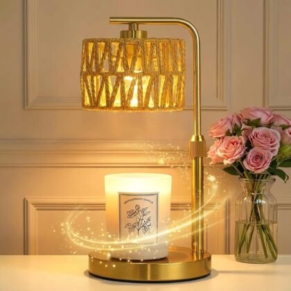 Candle Warmer Lamp with Timer, Dimmable Candle Warmer for Jar Candles, Height Adjustable Candle Lamp Warmer, Boho Rattan Lampshade and 2 Bulbs, Gift for Home Room Decor, Gifts for Women Mom (Gold)
