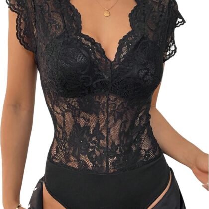 MakeMeChic Women's Lace Bodysuit Date Night Romper Deep V Neck Lace Tops Bodysuit