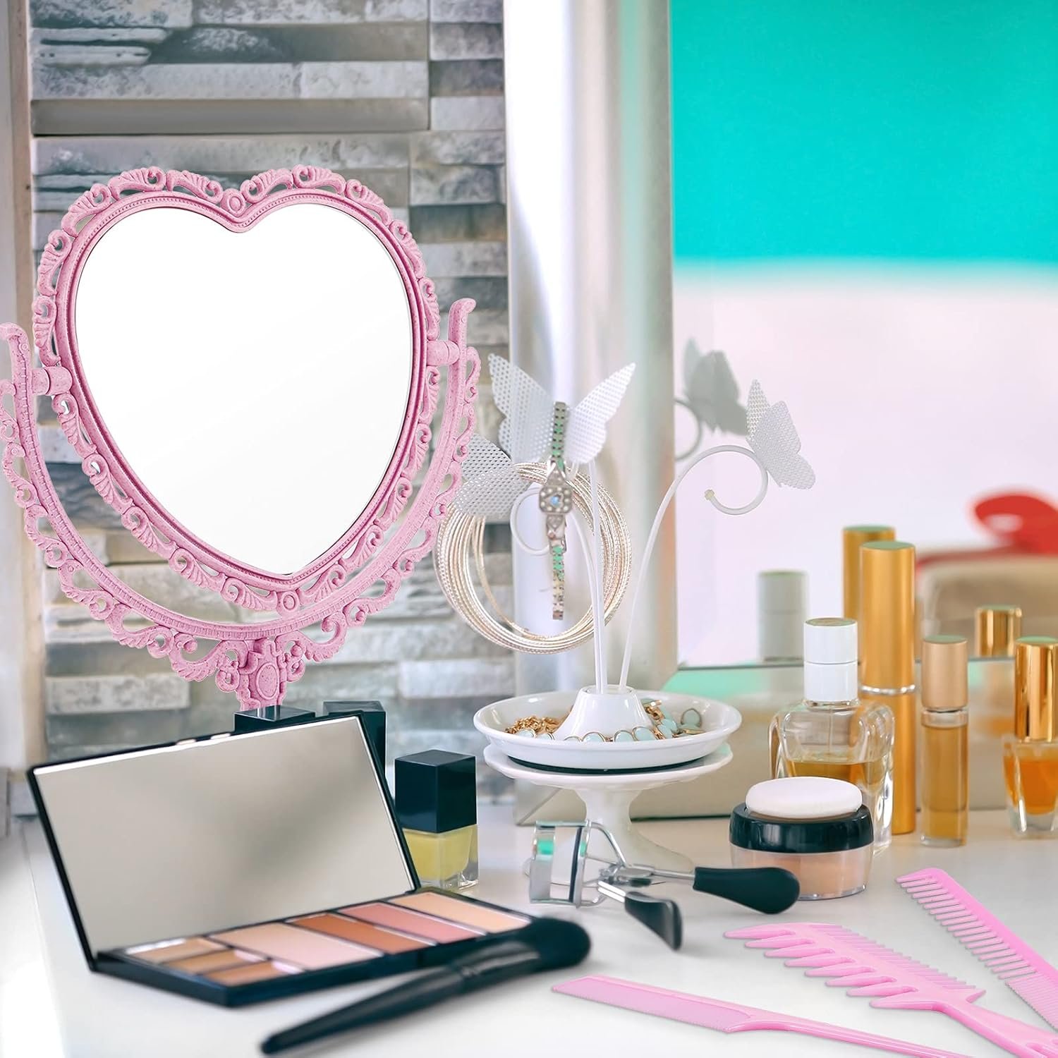 CHENGU Heart Shaped Mirror 8 Pieces Hair Styling Combs Double Sided Rotatable Dresser Heart Mirror Makeup Gifts for Girls Gift Vanity Tabletop(Pink) - Image 5