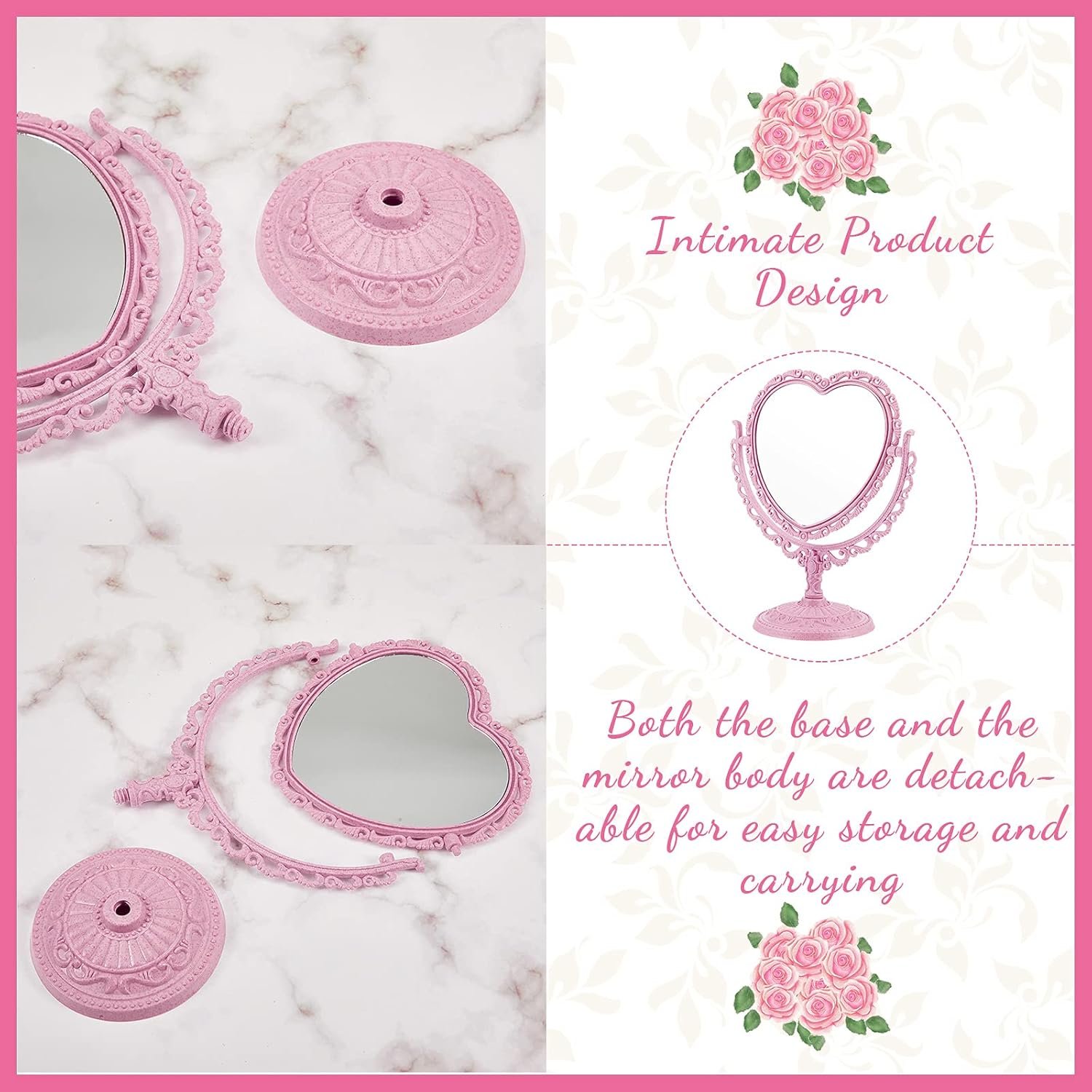 CHENGU Heart Shaped Mirror 8 Pieces Hair Styling Combs Double Sided Rotatable Dresser Heart Mirror Makeup Gifts for Girls Gift Vanity Tabletop(Pink) - Image 4