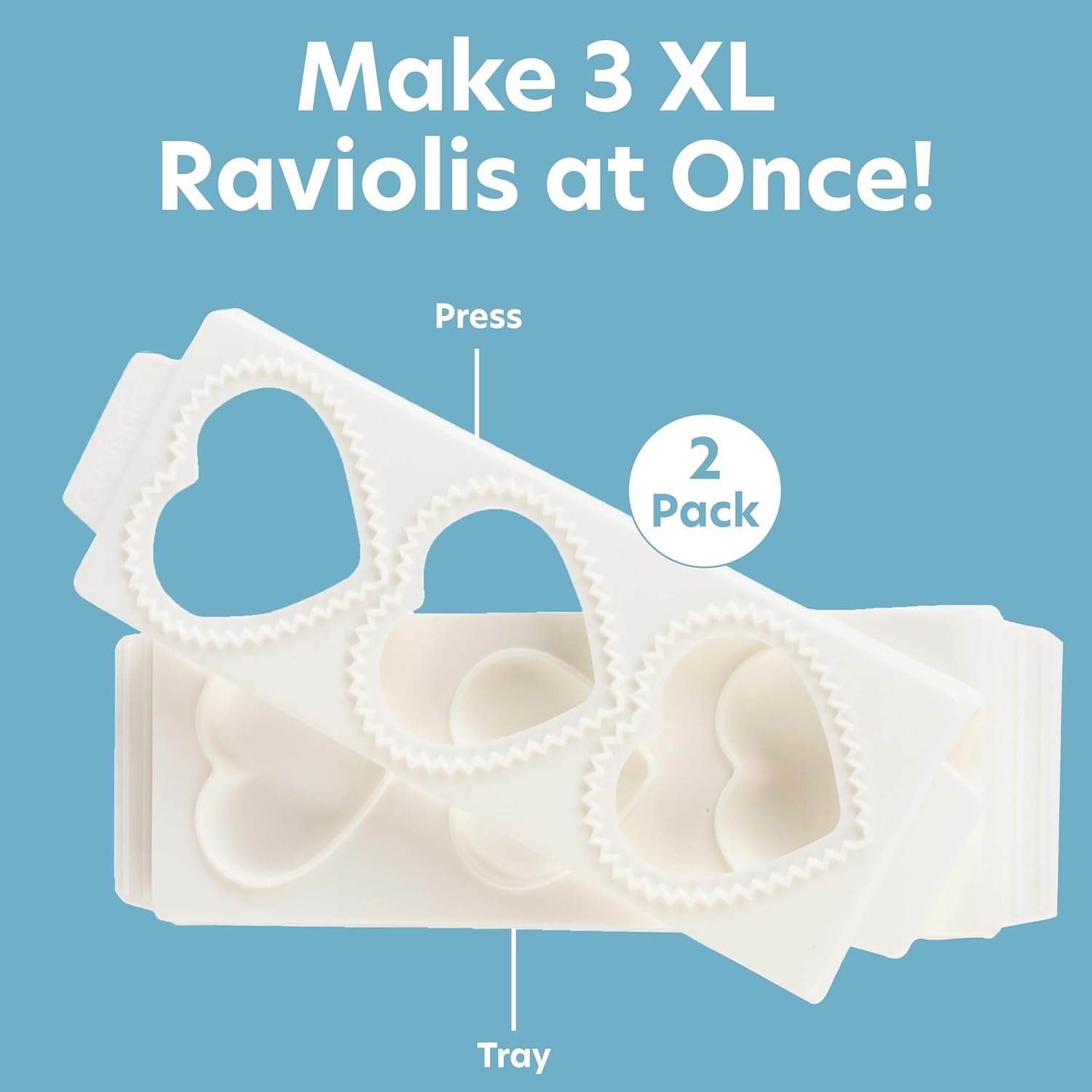 Jumbo 3" Heart Ravioli Molds 2 PK- Homemade Filled Pasta Maker- 2 pc Tray & Press makes 3 Large XL Italian Raviolis, Easy to Use Clean- Add Love to Italian Dinner- Cute Housewarming Gift, Date Night - Image 2