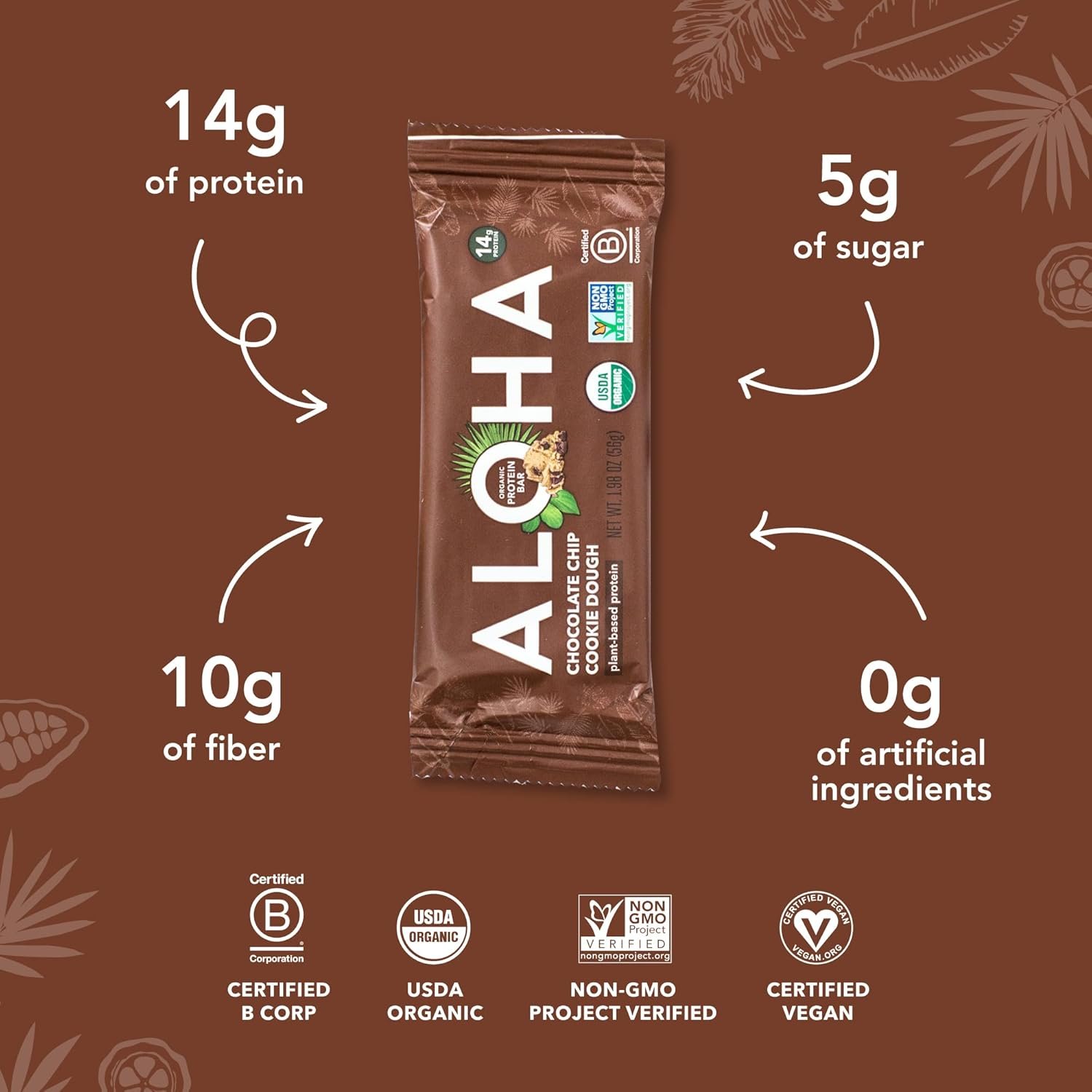 Aloha Organic Plant Based Protein Bars Chocolate Chip Cookie Dough, 1.98 Oz,(Pack of 12) - Image 4