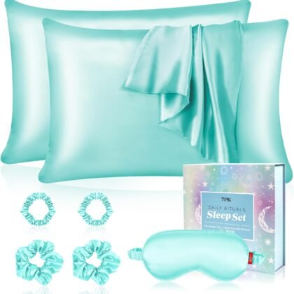 Satin Pillowcase Gift Set with Silk Satin Sleep Mask 4 Scrunchies, 2Pack Standard Size Silky Pillow Cases Luxury Sleeping 7 Pieces Set for Women Wife Female Birthday Mother Gift