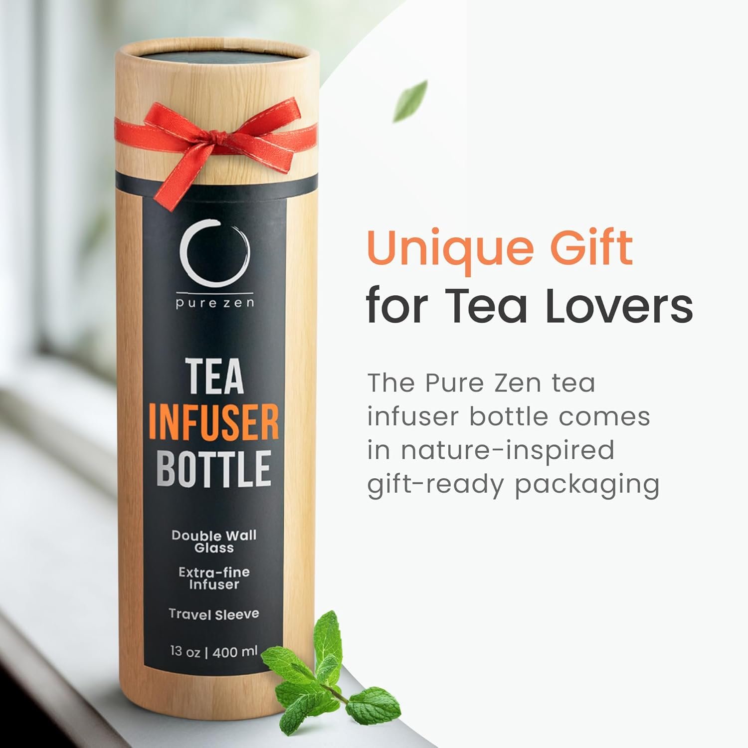 Pure Zen Tea Tumbler with Infuser - Double Wall Glass Travel Mug with Stainless Steel Filter - Leakproof Tea Infuser Bottle for Loose Leaf Infusions and Fruit Infused Water - Unique Gift Set - 13 oz - Image 8