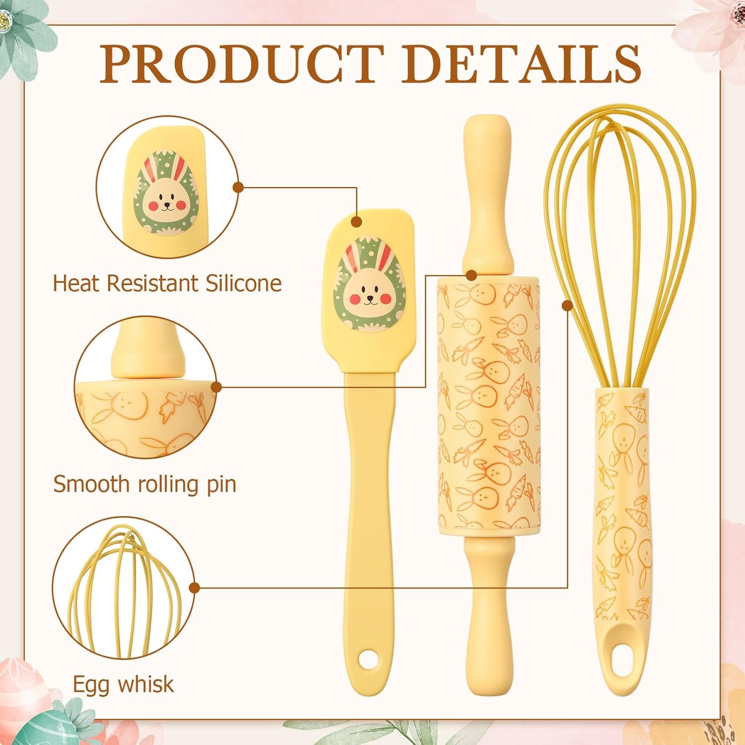 2 Sets Easter Mini Bake Set Include Spatula Whisk and Rolling Pin Bunny Carrot Egg Kitchen Cake Utensils Baking Supplies Gift - Image 3