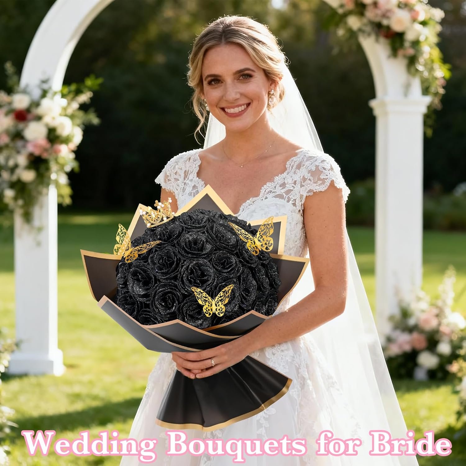 Waipfaru Glitter Roses Bouquet, DIY Fake Flowers Bouquet, Birthday Gifts for Women Mom, 24 Pcs Black Rose for Grandma Wife Girlfriend Valentines, Mothers Day, Anniversary, Graduation - Image 4