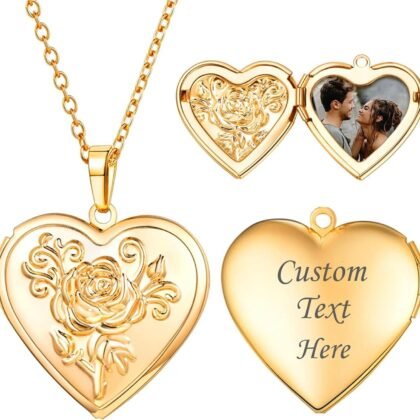 U7 Locket Necklace for Women, Silver/Gold/Rose Gold Custom Photo Text Necklaces, Flower Heart/Round Shape Personalized Picture Pendant Necklace 18 Inch