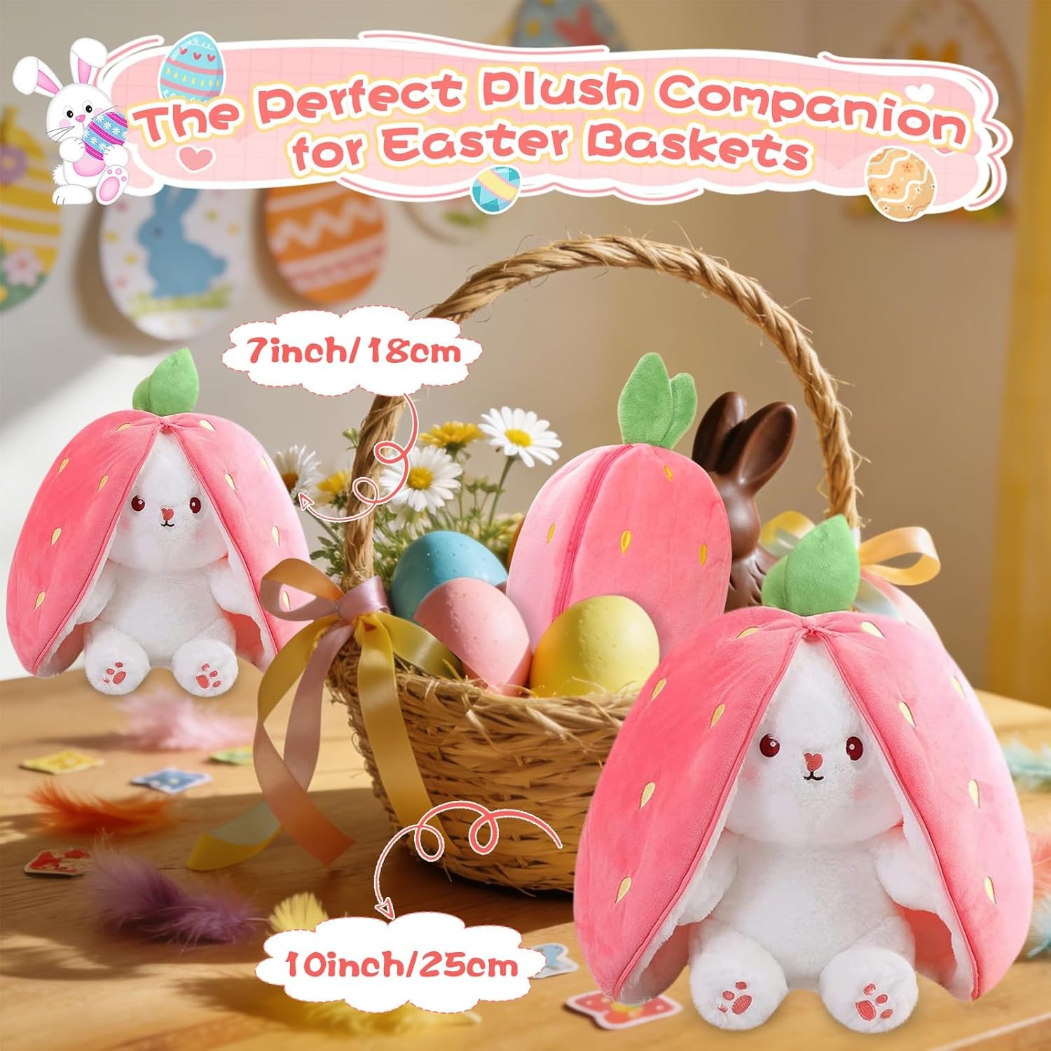 MIAODAM Easter Bunny Stuffed Animal, Carrot and Strawberry Bunny Plush Turn Into Rabbit Fruit Doll, Plushies Funny Bunny Toy for Baby (Strawberry Rabbit, 10inch) - Image 6