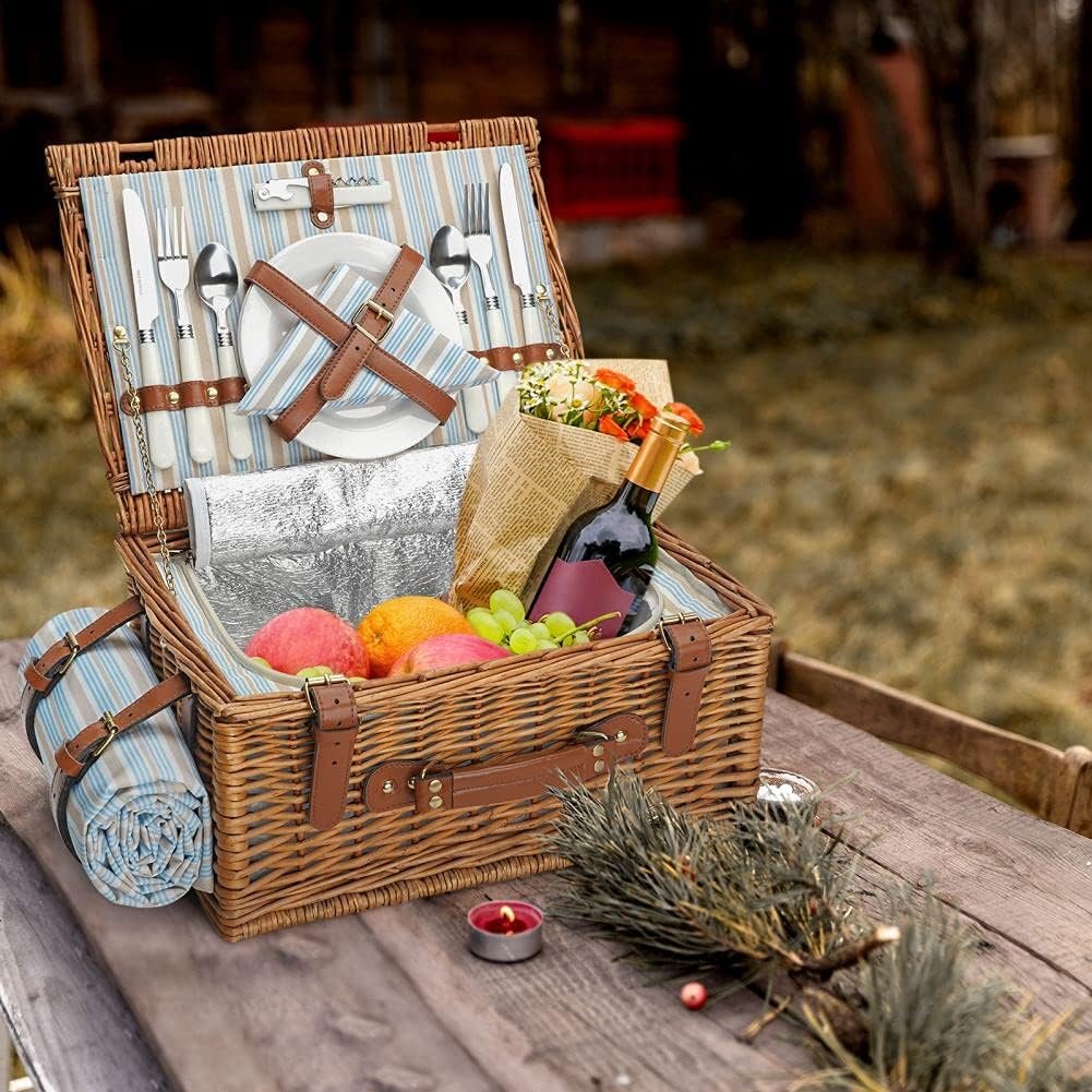 Picnic Basket Set for 2 Persons, Willow Hamper with Large Insulated Cooler Compartment, Waterproof Blanket and Cutlery Service Kit-Classical Brown - Image 4
