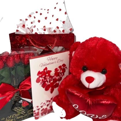 Valentine's Day Love Basket | Teddy Bear Plush 11 Inches, Dozen Belgian Milk Chocolate Flower Roses Bouquet, Gift Bag & Valentines Day Special Card | Gift Bag Tissue | For Her, Wife, Girlfriend,