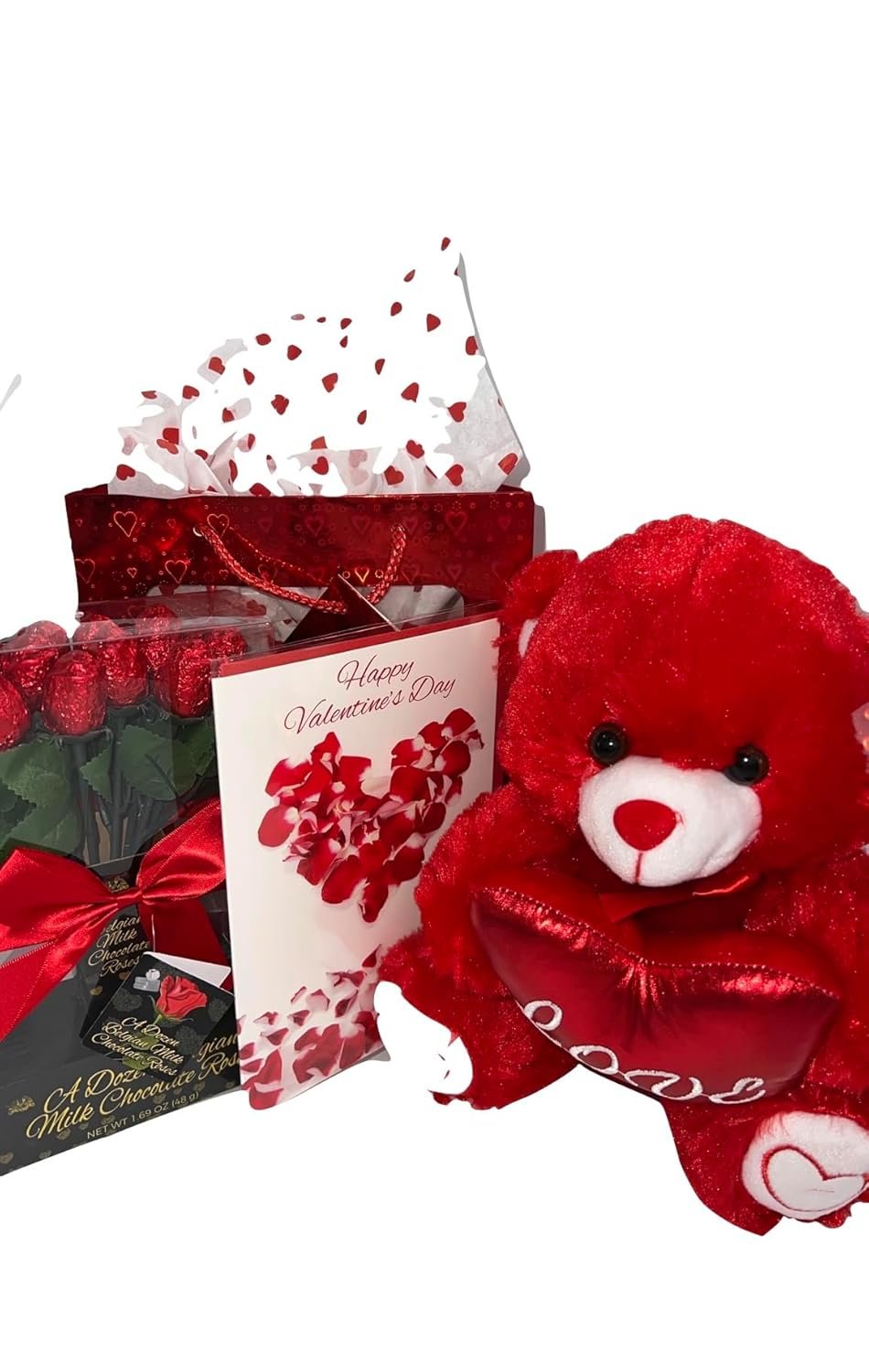 Valentine's Day Love Basket | Teddy Bear Plush 11 Inches, Dozen Belgian Milk Chocolate Flower Roses Bouquet, Gift Bag & Valentines Day Special Card | Gift Bag Tissue | For Her, Wife, Girlfriend,