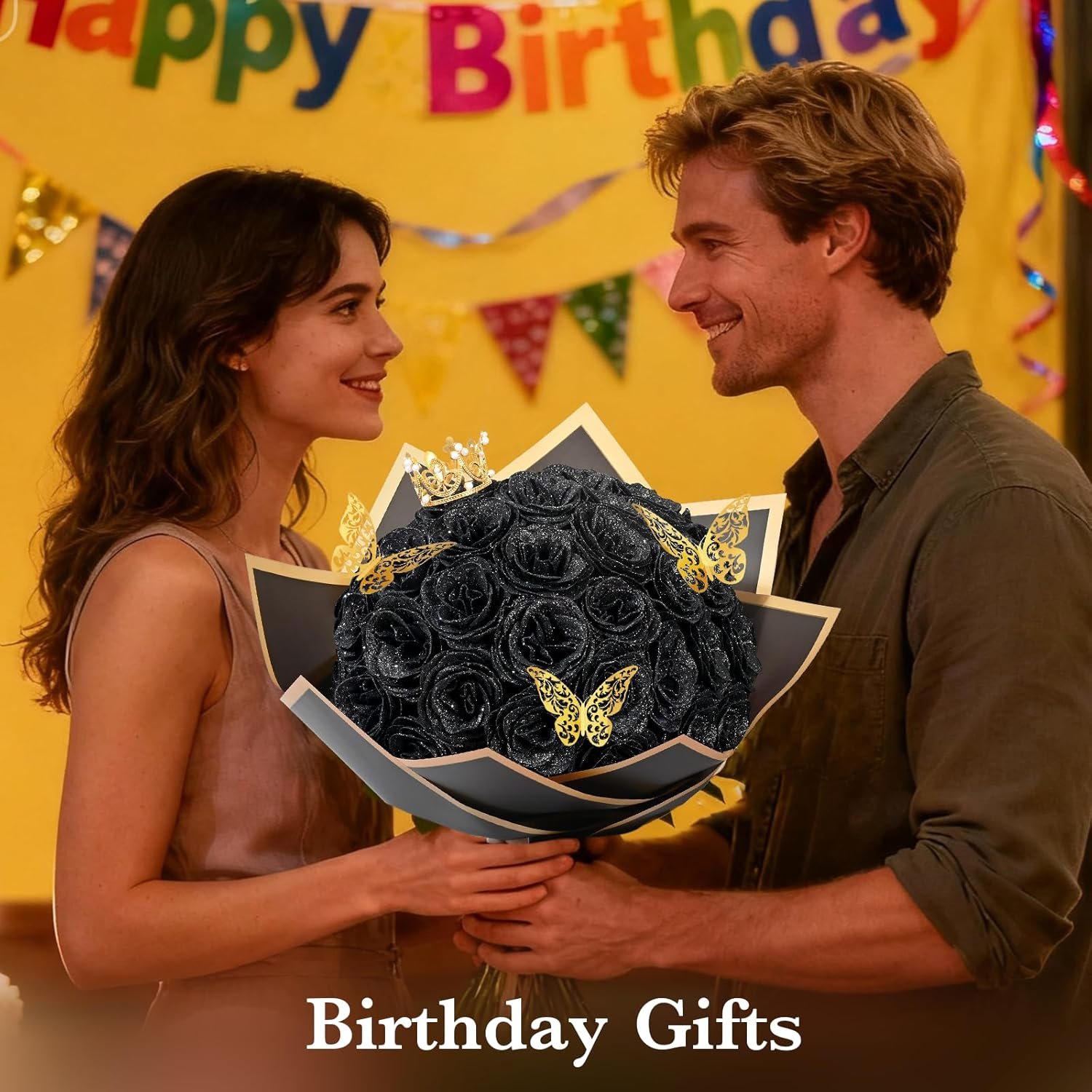 Waipfaru Glitter Roses Bouquet, DIY Fake Flowers Bouquet, Birthday Gifts for Women Mom, 24 Pcs Black Rose for Grandma Wife Girlfriend Valentines, Mothers Day, Anniversary, Graduation - Image 3