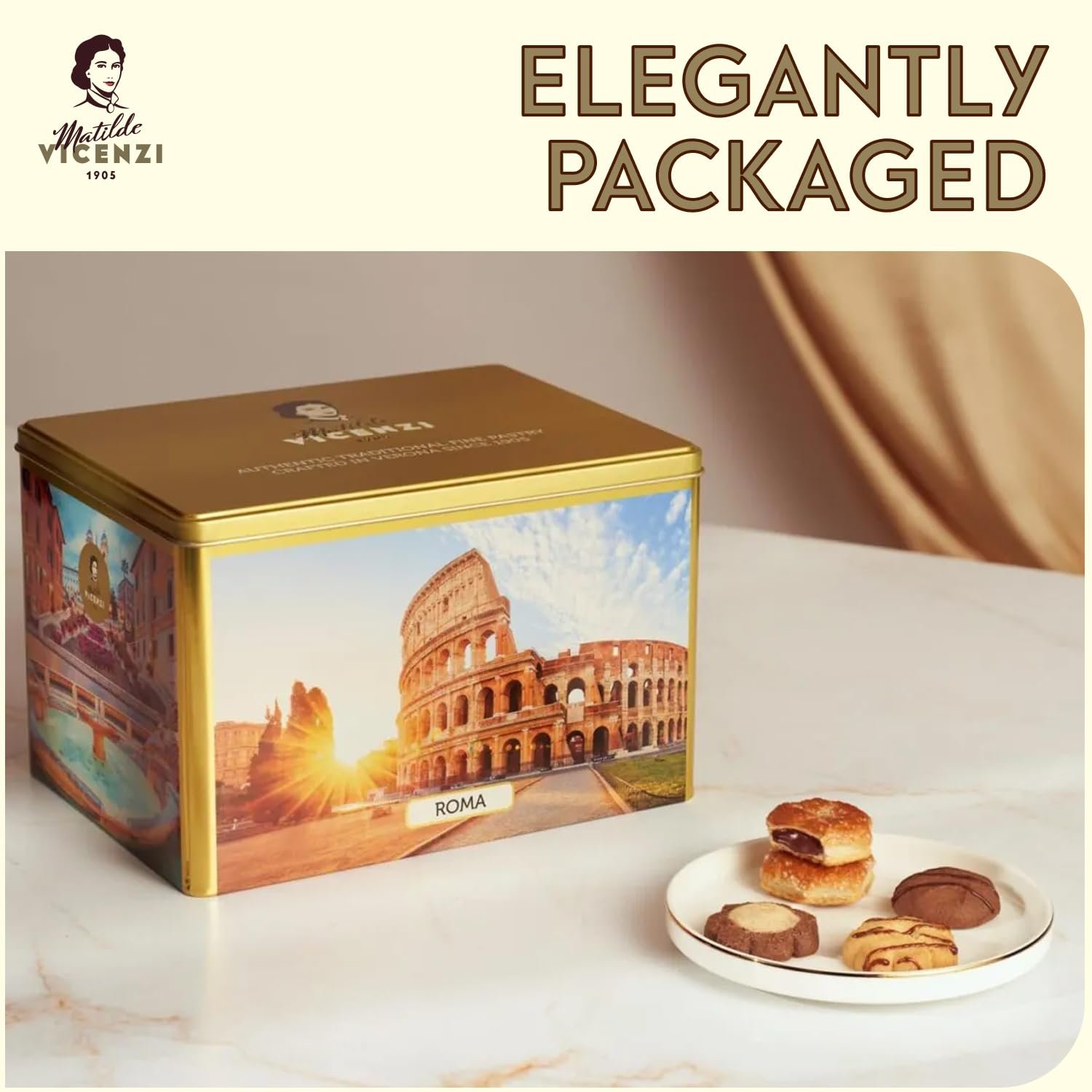 Matilde Vicenzi Roma Cookie Gift Tin - Italian Pastries & Cookies in Individually Wrapped Trays - Gourmet Gifts For Valentines, Easter, Birthday - Assorted Cookies in Italian Design Tin 32.5oz (920g) - Image 5