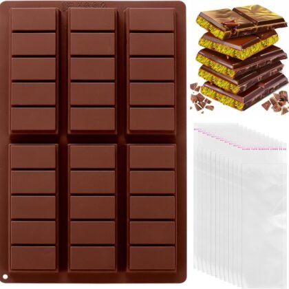 Mity Rain Chocolate Bar Mold Deep, Silicone Thick Mold for Stuffed Bars, Rectangle Knafeh Pistachio Break Apart Candy Molds With 100pcs Storage Bags