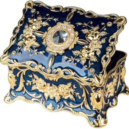 Feyarl Vintage Two Layers Rectangle Trinket Jewelry Box Ornate Ring Earrings Treasure Case Keepsake Box Organizer for Birthday Woman Girl Gift Home Dresser Decor (Blue) 7.1 x 4.7 x 3.1 inches