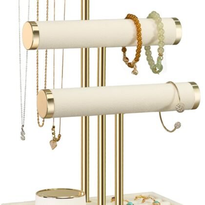 3 Tier Bracelet Holder Display - Detachable T Bar Beige Velvet Bracelet Holder, Jewelry Holder Organizer for Bracelet, Necklace, Watches, Rings