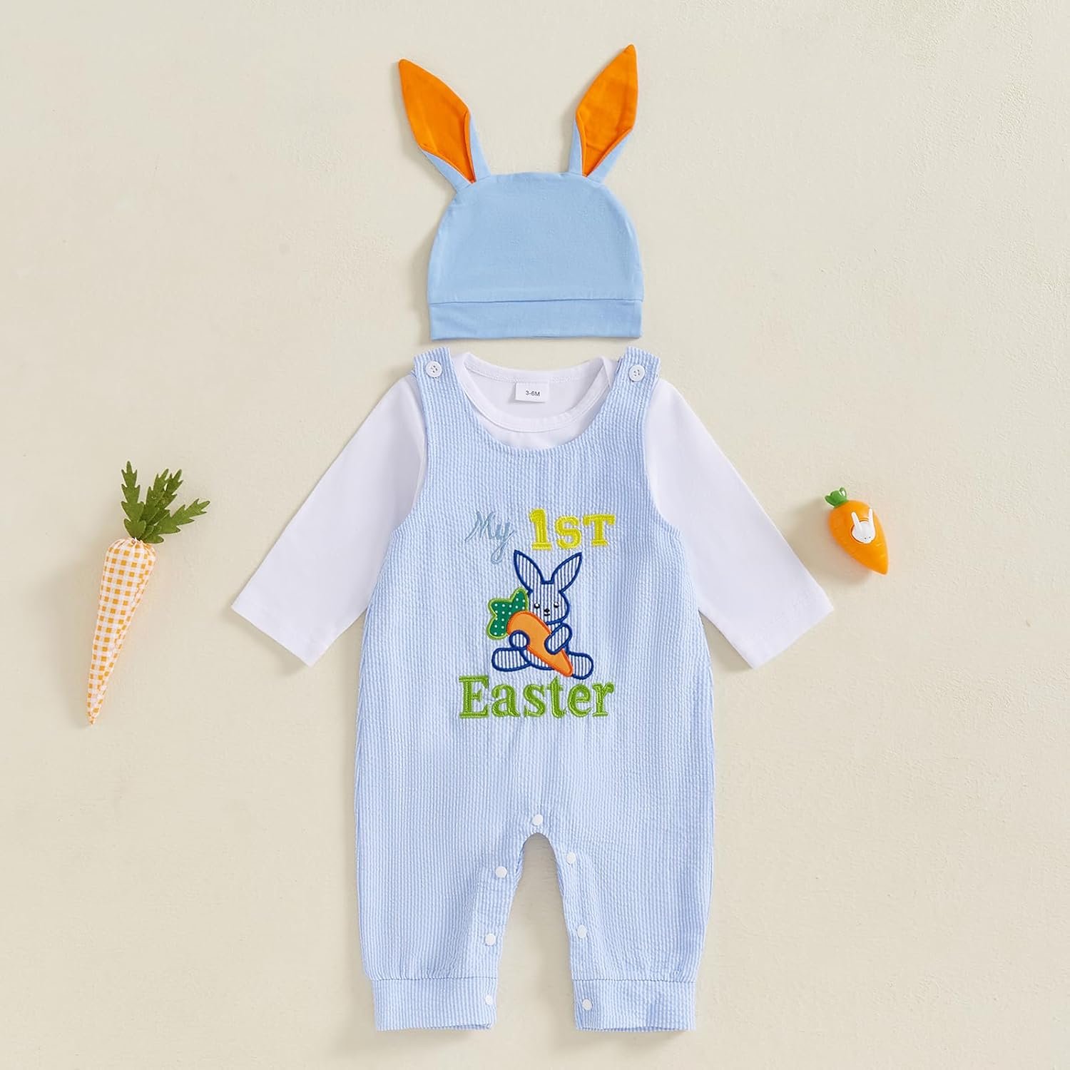 Newborn Easter Outfit Boy Long Sleeve Rompers Bunny Overalls Hat Baby Boy Summer Clothes 0 3 6 12 18 Months - Image 3