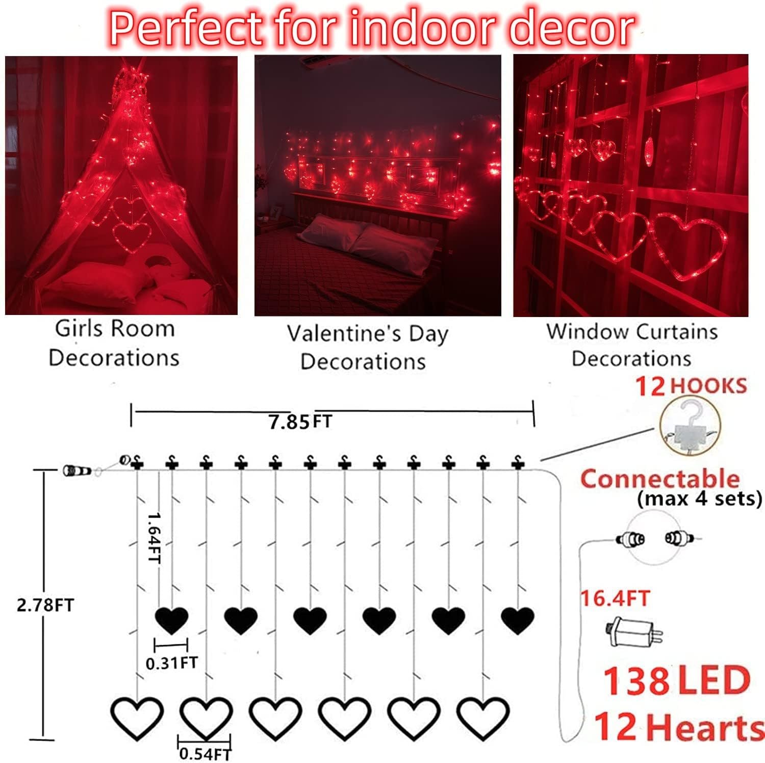 Valentines Day Decor Lights,138 LED 12-Heart-Shaped String Lights Waterproof,8 Modes Connetable 29V Plug in Curtain Lights for Kids Bedroom Wedding Party Valentines Day Decoration (Red) - Image 2