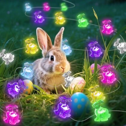 pozzolanas Easter Bunny String Lights, 16 ft 50 LED Spring Rabbit Lights for Lawns Garden Outdoor Holiday Party Easter Basket Stuffers (2 Pack)