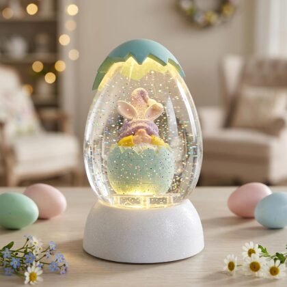 Gnome Easter Snow Globe, Easter Bunny Snow Globe Eggs Spring Decor with Swirling Glitter, 6H Timer, USB or Battery Powered, Speak No Evil Gnome Snowglobe for Tabletop Decor Gift 7.4 Inch (Blue)