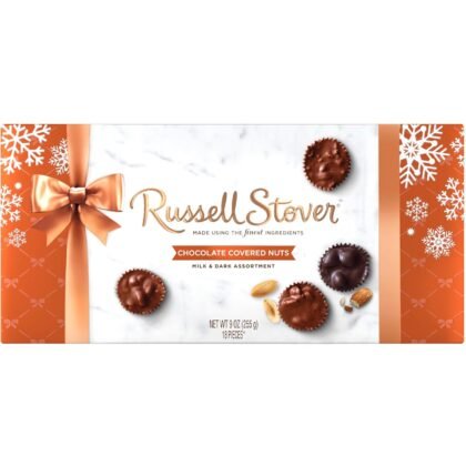 RUSSELL STOVER Christmas Chocolate Covered Nuts Assortment in Milk & Dark Chocolate Candy Gift Box, 9 oz.