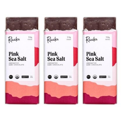 Raaka Pink Sea Salt Organic Dark Chocolate - 71% Cacao - Gourmet Dark Chocolate Gift Box - Organic, Vegan, Gluten Free, Kosher | 1.8oz Bars, 3-Pack