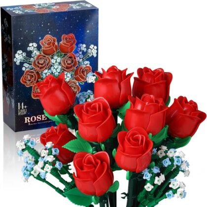 Red Rose Bouquet Building Set - DIY 648pcs Mini Block Kits for Adults & Kids, Artificial Flowers for Home Office Decor, Valentines Day Gifts for Her Him