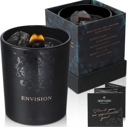 Black Orchid & Pine Moss Scented Crystal Candle - Luxury Manifestation Candle with Smoky Quartz and Clear Quartz Crystals - 7.4oz Natural Soy, Coconut & Beeswax, Wood Wick