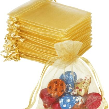 HRX Package 100pcs Little Gold Organza Bags 3 x 4 inch, Mesh Jewelry Pouches Drawstring Empty Sachets for Bracelets Candy Small Gift