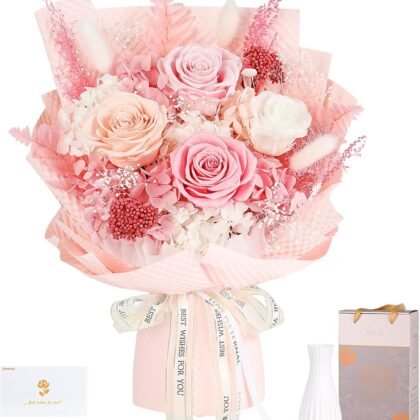 Preserved Flowers Bouquet 4 Roses - Pink Roses & Flowers for Delivery, Long-Lasting Real Roses Forever, Anniversary Birthday Valentine Gifts for Women Mom Grandma Her Wife Girlfriend