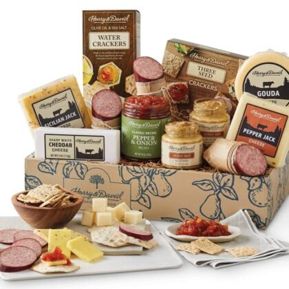 Harry & David Supreme Meat And Cheese Gift Box, Food Gift Basket, Charcuterie Platter, Food Baskets With 4 Cheese Blocks, 4 Sausages, 2 Sets Of Crackers, Relish & Honey Mustard Sauces