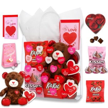 Valentine’s Day Package with Teddy Bear & Chocolate – Romantic Candy Gift Set for Her or Him, Valentine Day Gift Basket with Sweets, V-Day Heart Bag & Greeting Card Included